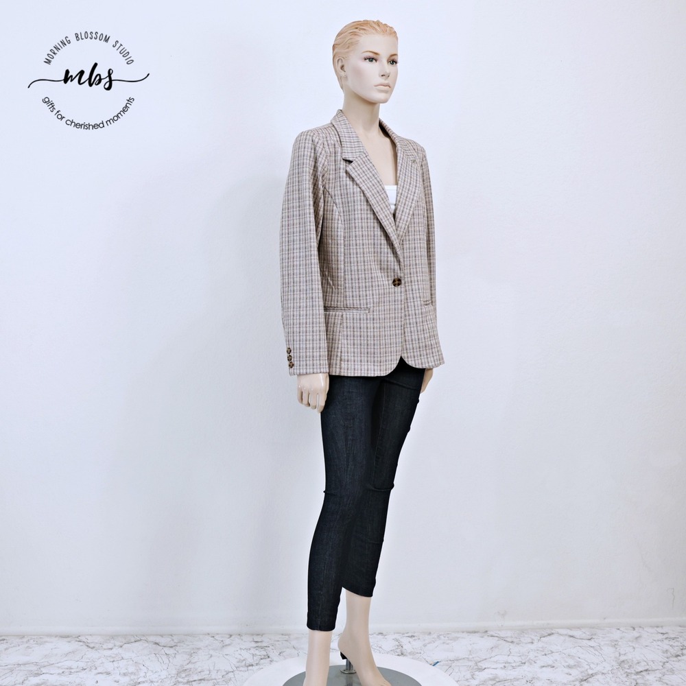 Liverpool Los Angeles Grid Check Notch Lapel Blazer Khaki Tan Women XL
